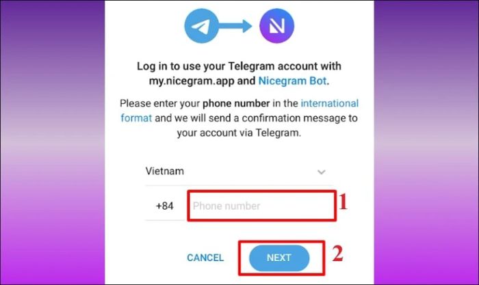 Nhập số điện thoại đăng ký Telegram và nhấn Next