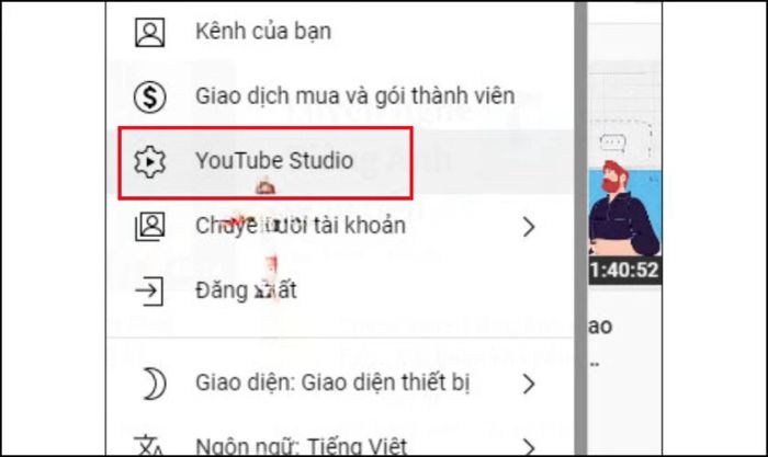 Nhấn vào YouTube Studio để bắt đầu tiến hành các thay đổi