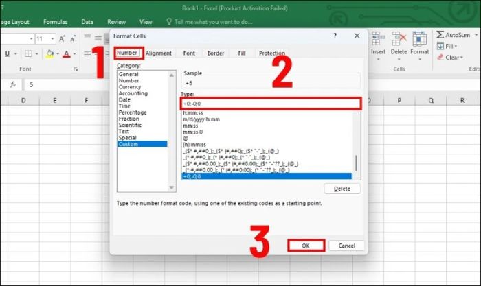 Chọn tab Number và trong mục Category, bạn hãy chọn Custom để tiếp tục.