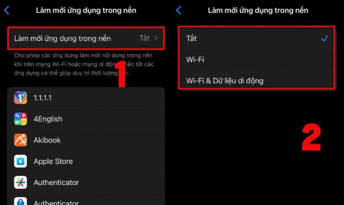 Chọn Làm mới ứng dụng trong nền và chọn Tắt hoặc điều chỉnh chế độ phù hợp