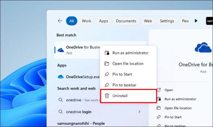 Gõ OneDrive vào thanh tìm kiếm, nhấn chuột phải vào biểu tượng ứng dụng và chọn Uninstall.