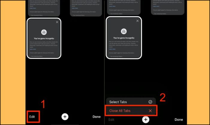 Nhấn Close All Tabs để đóng tất cả các tab ẩn danh