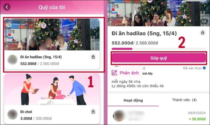 Chọn quỹ nhóm cần gửi tiền và nhấn Góp quỹ