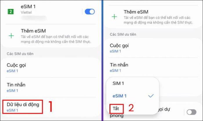 Tắt tùy chọn cho phép chuyển đổi dữ liệu di động với eSIM mà bạn chọn sử dụng