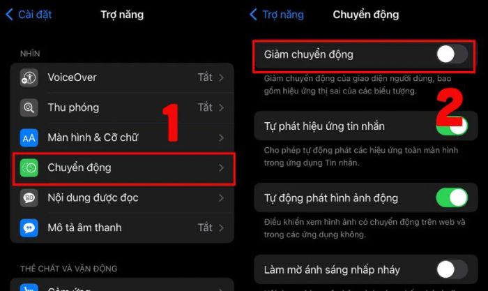 Quay lại và chọn mục Chuyển động, sau đó bật Giảm chuyển động