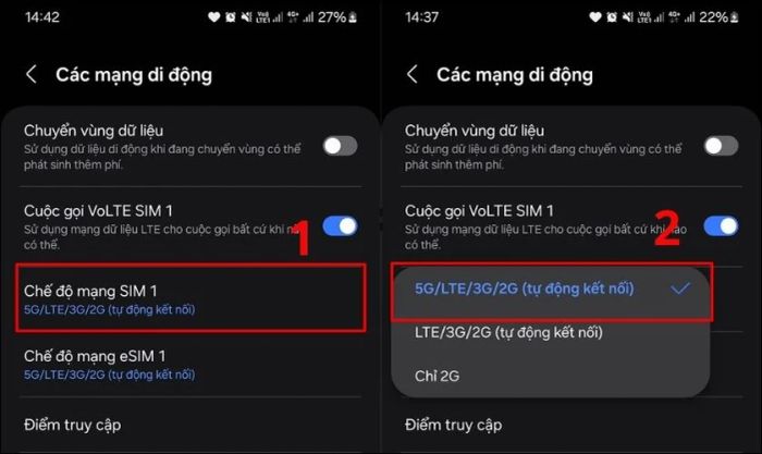 Vào mục Chế độ mạng của từng SIM, nhấn vào để xem danh sách các mạng khả dụng.