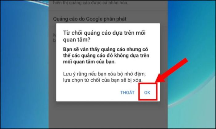 Nhấn OK để hoàn thành việc chặn quảng cáo Chrome trên màn hình điện thoại OPPO