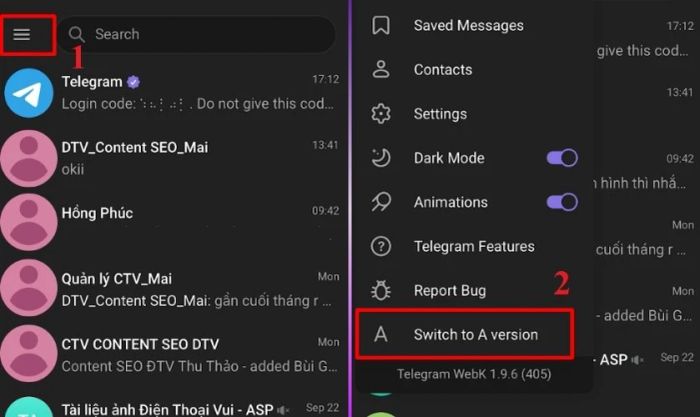 Nhấn vào biểu tượng 3 dấu gạch ngang và chọn Switch to A Version