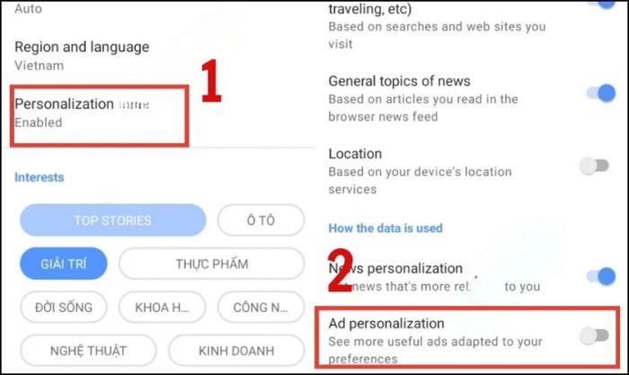 Chọn Ad personalization để ngăn quảng cáo hiển thị trên màn hình điện thoại OPPO