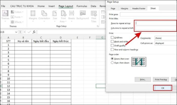 Nhấn OK để hoàn thành việc bỏ lặp tiêu đề bảng trong Excel