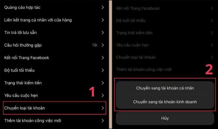 Chọn mục Chuyển loại tài khoản để tiếp theo