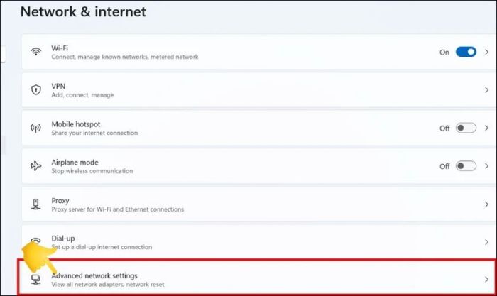 Cuộn xuống và chọn mục Advanced Network settings
