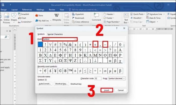 Trong phần Font, chọn font Symbol để có thể xem được nhiều ký tự hơn.