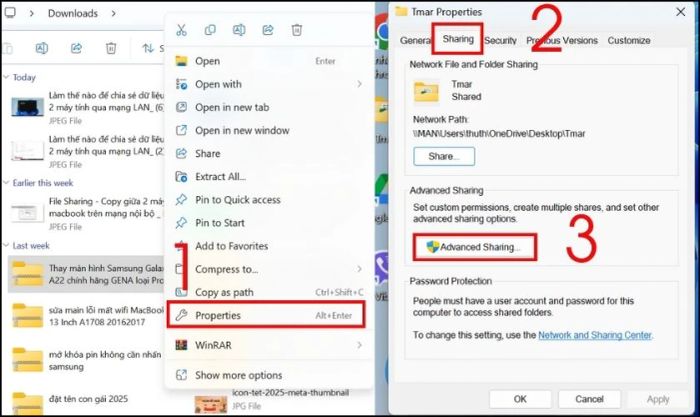 Chọn tab Sharing và nhấp vào mục Advanced Sharing…