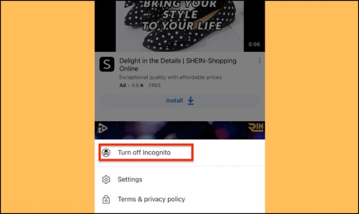 Nhấn chọn Turn off Incognito trên YouTube