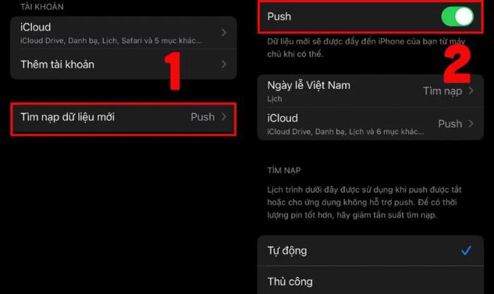 Chọn phần Tìm nạp dữ liệu mới và tắt tính năng Push