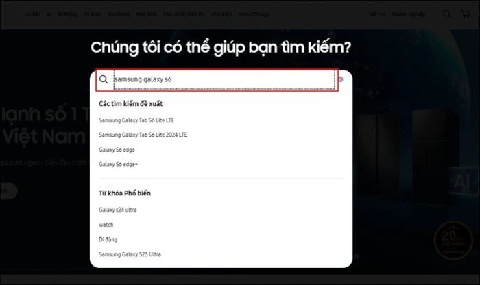 Sử dụng thanh tìm kiếm trên website, nhập tên hoặc mã model của thiết bị bạn muốn tìm hiểu.