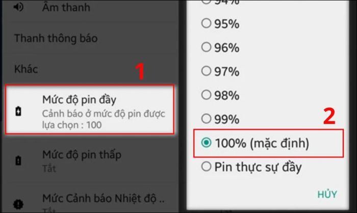 Ngoài ra, bạn có thể điều chỉnh mức cảnh báo khi pin đầy bằng cách vào Cài đặt và chọn Mức độ pin đầy.