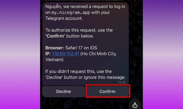 Nhấn Confirm để xác nhận việc đăng nhập thành công