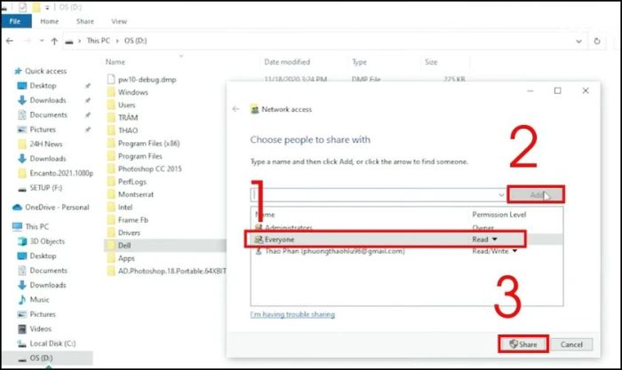 Trong cửa sổ File Sharing, nhấp vào mục Everyone và bấm Add
