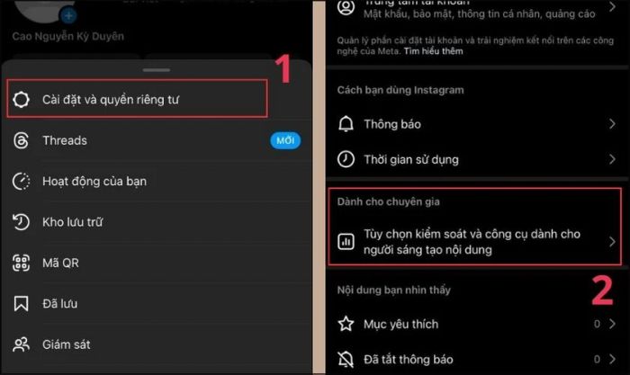 Vào phần Cài đặt và quyền riêng tư để tiếp tục