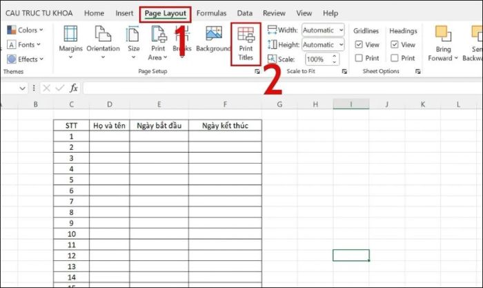 Chọn Page Layout để tùy chỉnh tiêu đề cho bảng