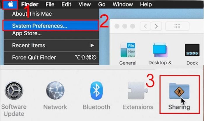 Nhấn vào biểu tượng quả táo Apple, chọn System Preferences…, sau đó chọn Sharing