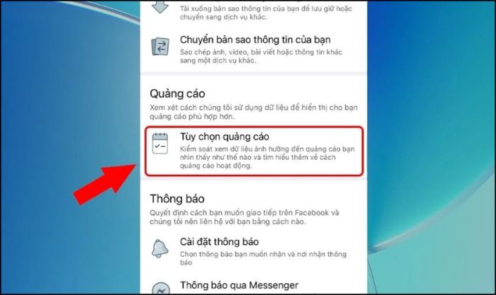 Chọn vào Tùy chọn quảng cáo