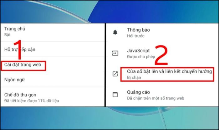 Truy cập mục Cài đặt trang web