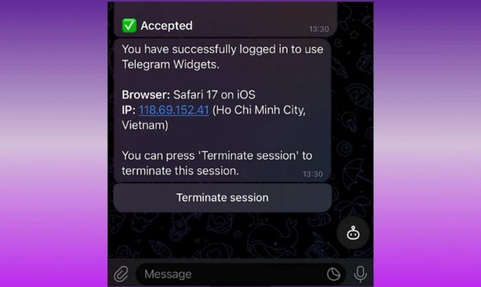 Telegram sẽ gửi thông báo xác nhận đăng nhập thành công