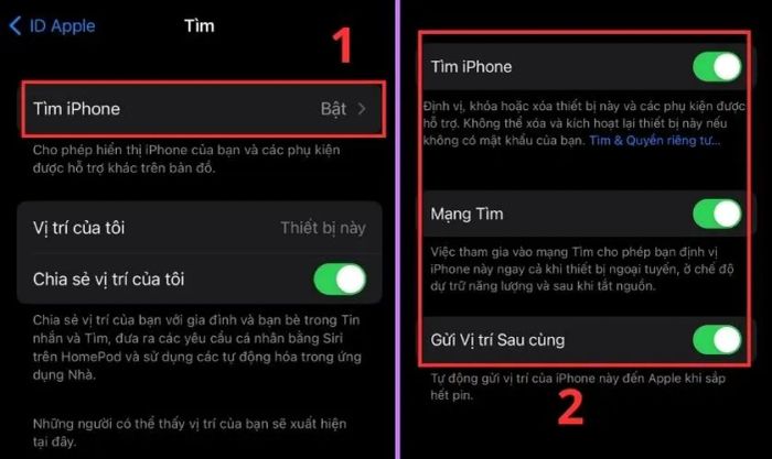 Tiếp tục chọn mục Tìm iPhone và kích hoạt cả ba thanh gạt của các tùy chọn