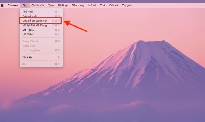 Chọn New Incognito Windows trên giao diện Macbook