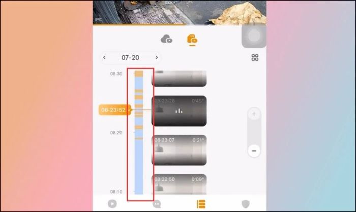 Bạn có thể kéo thanh timeline lên xuống để xem lại các đoạn video đã được ghi hình trong ngày.