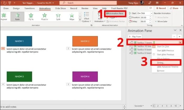 Tại Animation Pane, chọn mục Timing