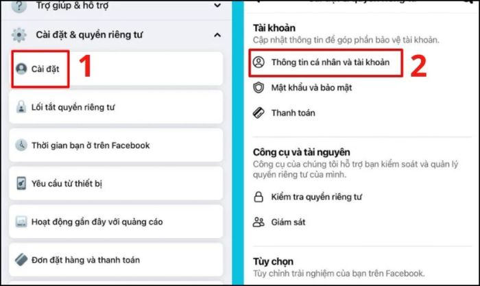 Nhấn chọn Thông tin cá nhân và tài khoản