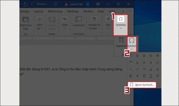 Mở cửa sổ Symbol để khám phá thêm nhiều tùy chọn khoanh tròn trong Word