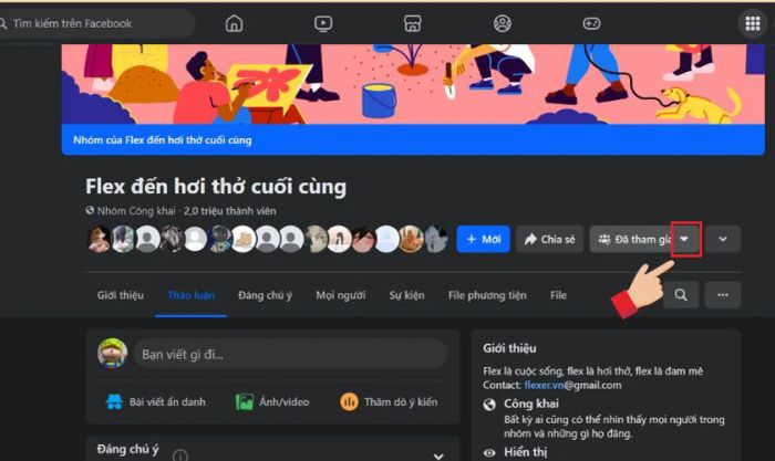 Tại mục Đã tham gia, nhấn vào biểu tượng mũi tên hướng xuống