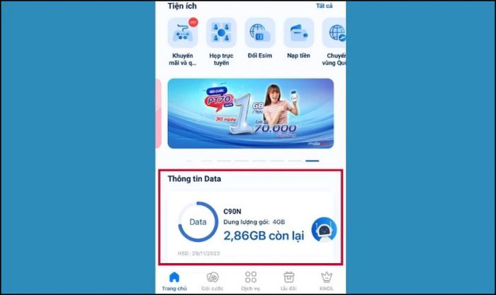 Thông tin gói cước sẽ được hiển thị tại mục Thông tin Data