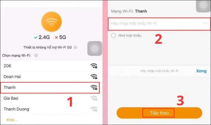 Sau khi chọn mạng Wifi, bạn nhập mật khẩu và nhấn Tiếp theo