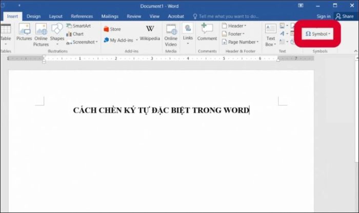 Trong tab Insert, nhấn vào biểu tượng để mở hộp thoại Symbols.