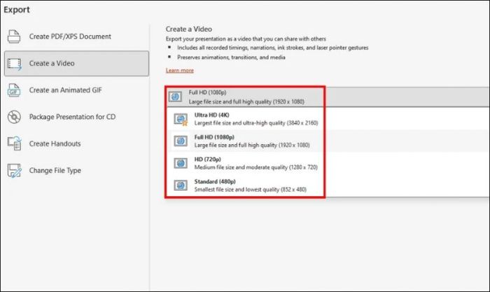 Trong phần Create a Video, lựa chọn độ phân giải phù hợp cho video