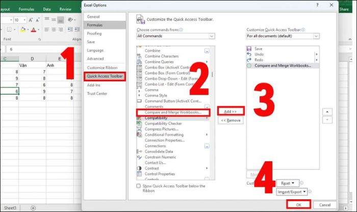 Trong cửa sổ Excel Options, hãy chọn mục Quick Access Toolbar ở cột bên trái