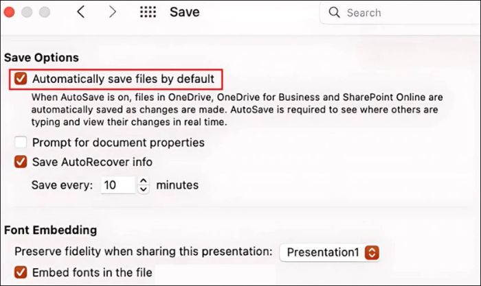Nhấn chọn vào tùy chọn Automatically save files by default