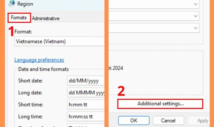 Trong cửa sổ Region, chọn tab Formats và nhấn vào Additional Settings...