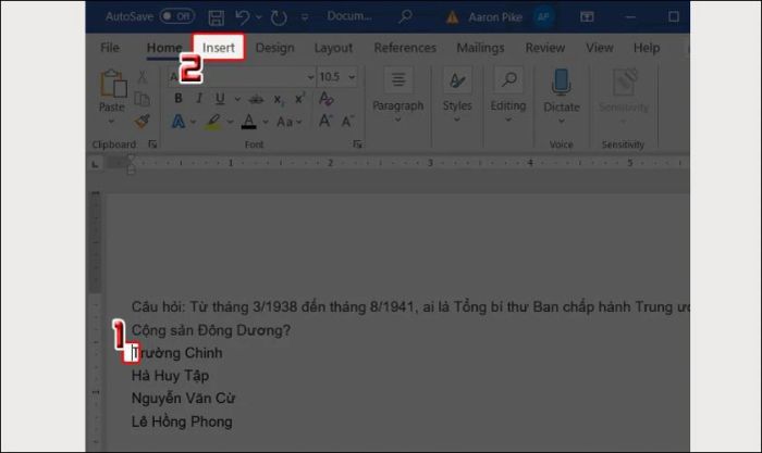 Di chuyển con trỏ chuột đến vị trí cần khoanh và nhấn chọn Insert