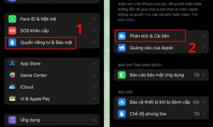 Truy cập Cài đặt, chọn Quyền riêng tư & Bảo mật, sau đó nhấn vào Phân tích & Cải tiến