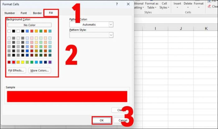 Trong cửa sổ Format Cells, hãy chọn tab Fill