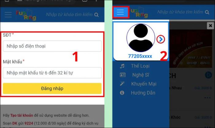 Truy cập vào funring.vn và chọn Menu để tiếp tục.