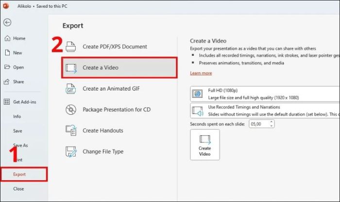 Truy cập tab File, chọn Export, sau đó nhấp vào Create a Video