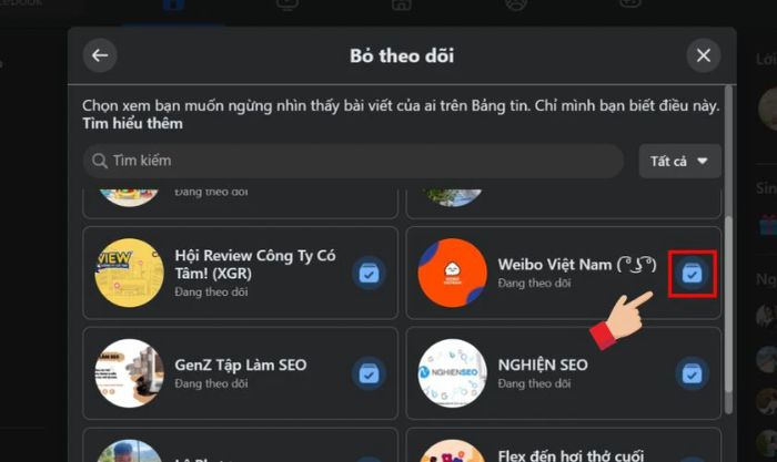 Nhấn vào biểu tượng tích xanh để bỏ theo dõi